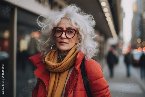 Portrait of senior woman in red coat and glasses in the city.