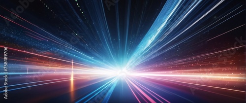 Abstract blue background with glowing rays suggesting energy and movement in space