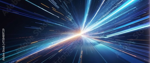 Abstract blue background with glowing rays suggesting energy and movement in space