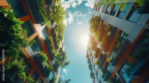 Looking up at eco-friendly residential buildings with green plant balconies against the clear sky.