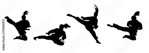 Collection silhouette of women doing a martial art kick. Silhouette group of sporty females doing kicking movement.