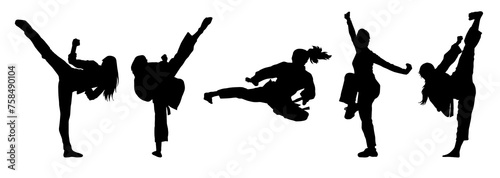 Collection silhouette of women doing a martial art kick. Silhouette group of sporty females doing kicking movement. photo