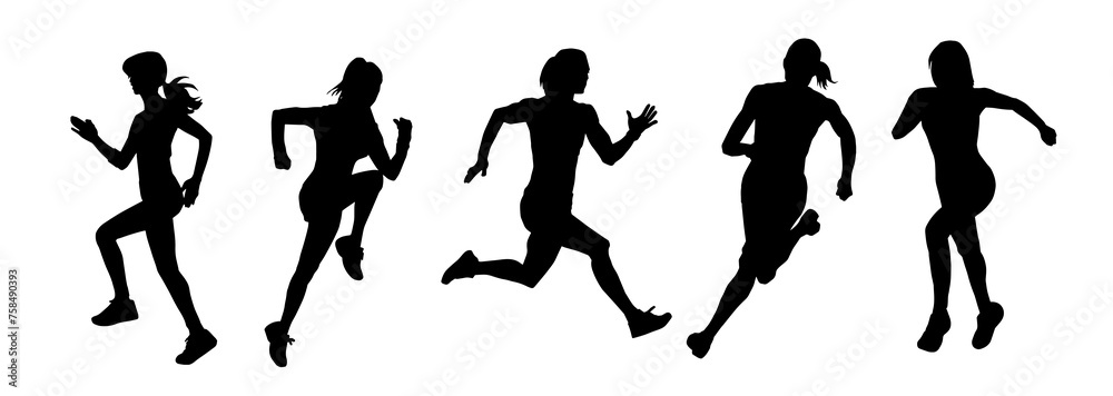 Collection silhouette of a sporty female in running pose. Group silhouette of woman runners