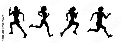 Collection silhouette of a sporty female in running pose. Group silhouette of woman runners