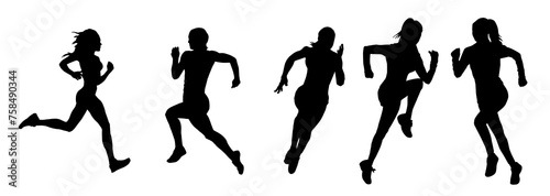 Collection silhouette of a sporty female in running pose. Group silhouette of woman runners