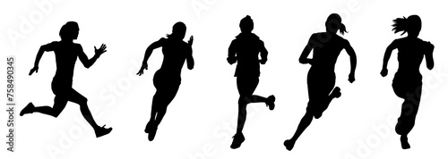 Collection silhouette of a sporty female in running pose. Group silhouette of woman runners