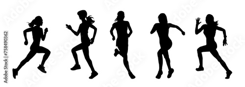 Collection silhouette of a sporty female in running pose. Group silhouette of woman runners