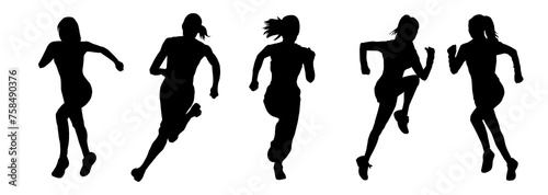 Collection silhouette of a sporty female in running pose. Group silhouette of woman runners