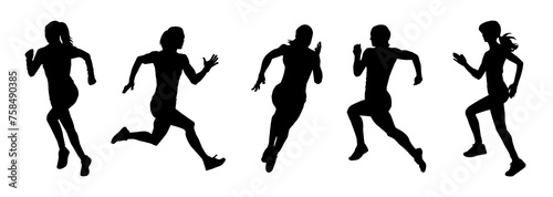 Collection silhouette of a sporty female in running pose. Group silhouette of woman runners