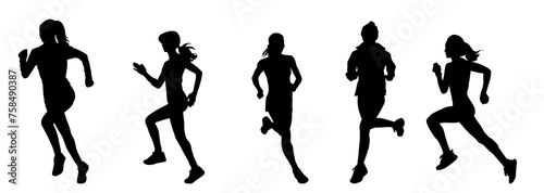 Collection silhouette of a sporty female in running pose. Group silhouette of woman runners
