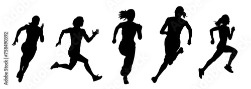 Collection silhouette of a sporty female in running pose. Group silhouette of woman runners