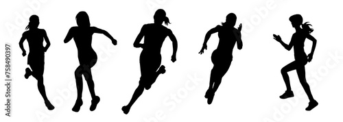 Collection silhouette of a sporty female in running pose. Group silhouette of woman runners