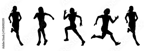 Collection silhouette of a sporty female in running pose. Group silhouette of woman runners