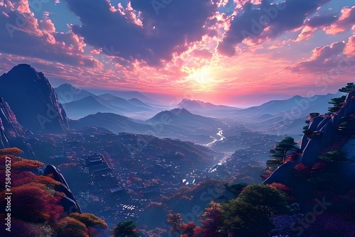 Asia sunset valley view. Generative Ai.  photo
