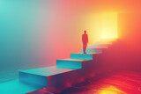 A 3D composition featuring a businessman stepping confidently on a graph made of light projecting upwards against a gradient background