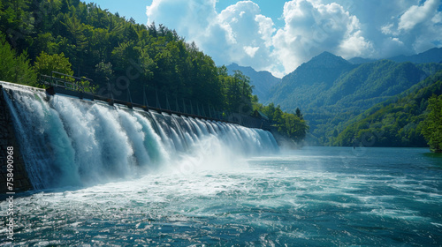 A hydroelectric dam releasing water amidst mountainous landscape, showcasing renewable energy production.
