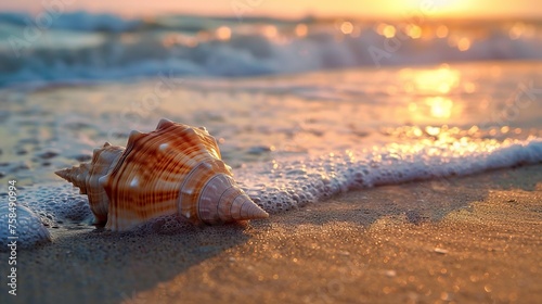 A solitary shell on the golden sand on a peaceful beach bathed in the soft light of the setting sun. A shell in a relaxing symphony bathed by the soft waves of the beach. © Vagner Castro