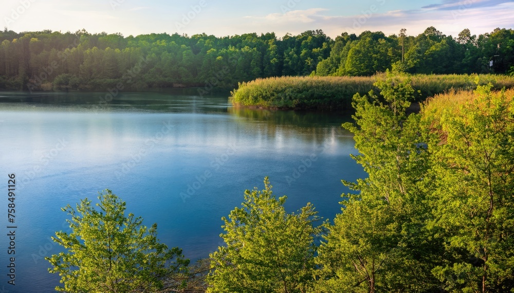 Green forest and blue lake landscape. Seen at sunset in the summer