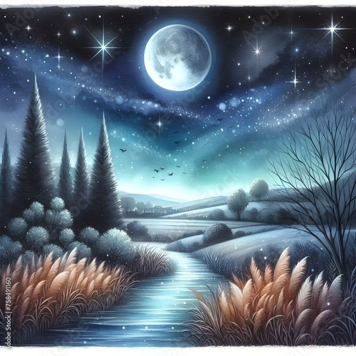 Watercolor of the night sky with the moon and stars. 