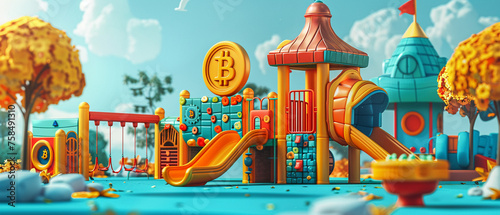 A 3D illustration of children on a playground with swings and slides shaped like Bitcoins and graphs