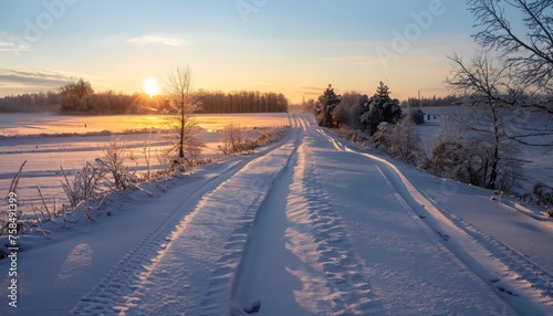 Beautiful view of the sunrise in the morning on the country snowy road © ROKA Creative