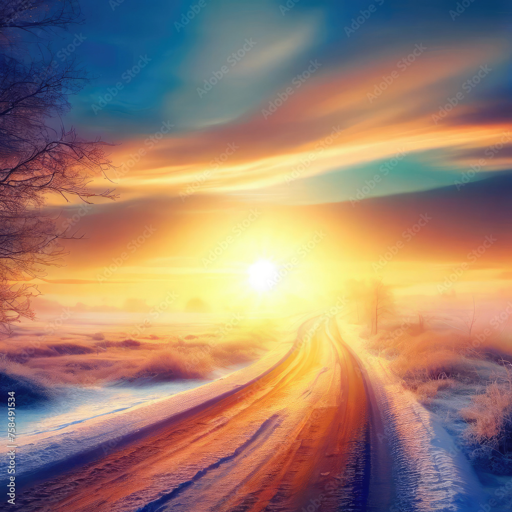 Beautiful view of the sunrise in the morning on the country snowy road