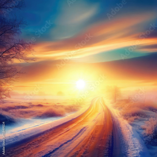 Beautiful view of the sunrise in the morning on the country snowy road
