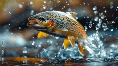 Close up image of rainbow Trout jumping out of water. White background