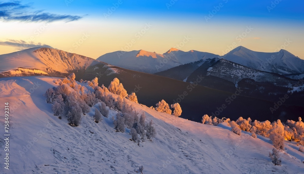 a strong frost frosted alpine peaks of the Carpathians the bright colors