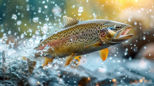 Close up image of rainbow Trout jumping out of water. White background