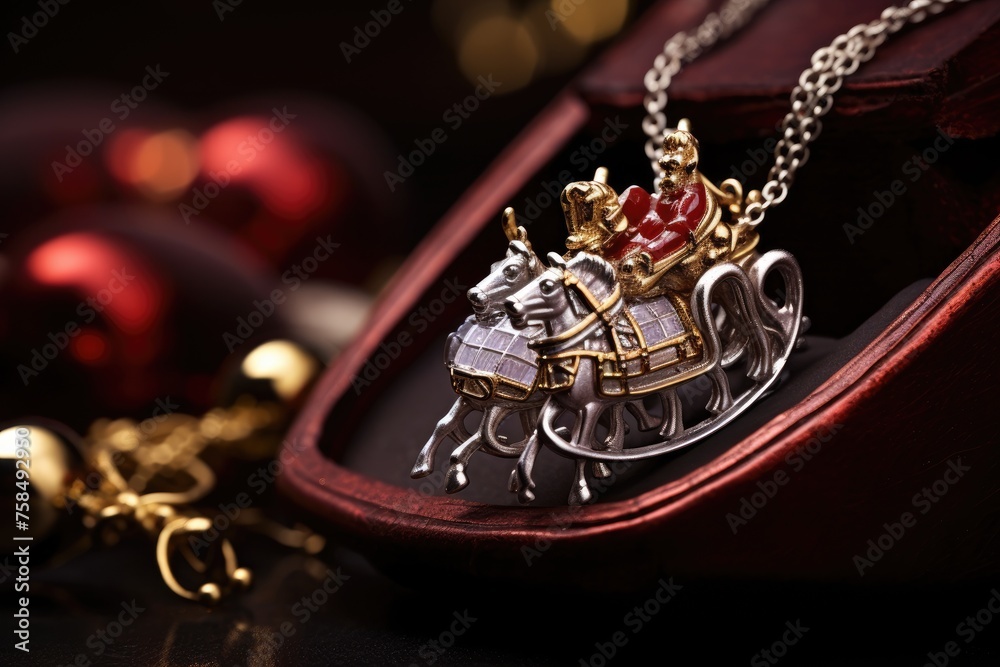 Santa's Sleigh Ride: Jewelry on a sleigh with Santa Claus and reindeer in the background. Santa's Sleigh Ride: Jewelry on a sleigh with Santa Claus and reindeer in the background.
