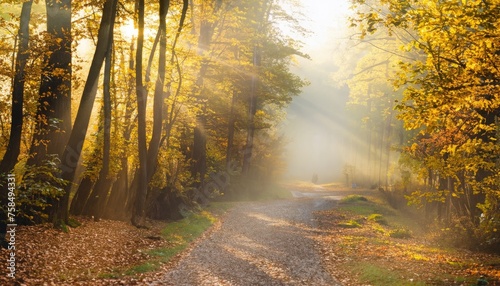 Sunlight falls on the rural lane in the misty autumnal forest