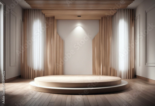 White hall wooden podium wooden stage mock design product presentation 3D illustrations rendering poduim abstract background banner beautiful building composition concept cosmetic decoration design