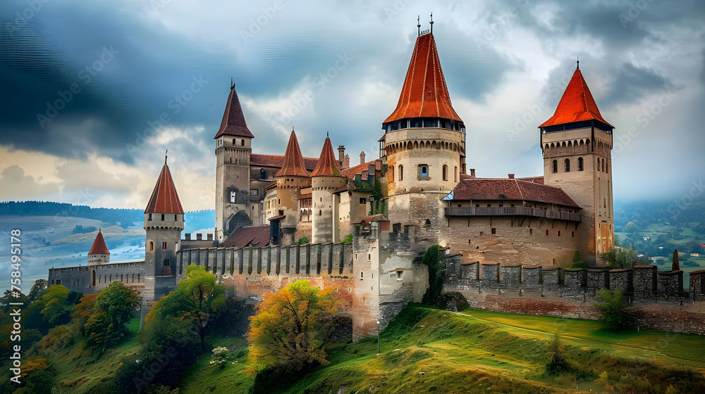 Majestic Fortress: Medieval Castle in Europe - obrazy, fototapety, plakaty 