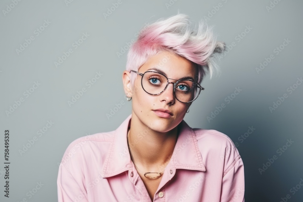 Fashion portrait of a beautiful young woman with pink hair wearing glasses
