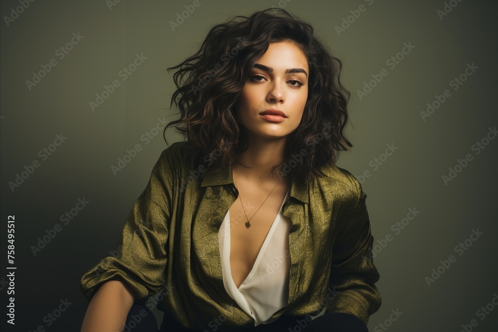 Portrait of a beautiful brunette woman with long curly hair in a green jacket Portrait of a beautiful brunette woman with long curly hair in a green jacket