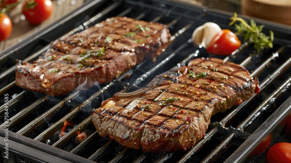 Beef steaks on home grill, barbecue, picnic