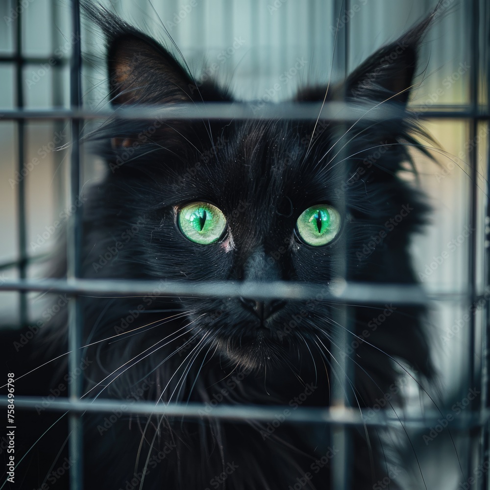 Black cat with striking green eyes behind bars - A close-up of a captive black cat with intense green eyes looking through the bars of a cage