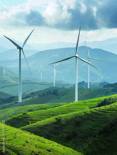 Wind turbines in a lush green landscape - Majestic wind turbines stand tall on a verdant hillside, representing renewable energy and sustainability