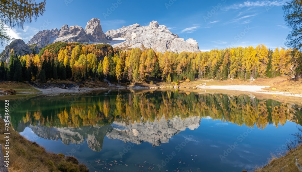 Awesome sunny autumn day in the dolomites at mountain lake surrounded