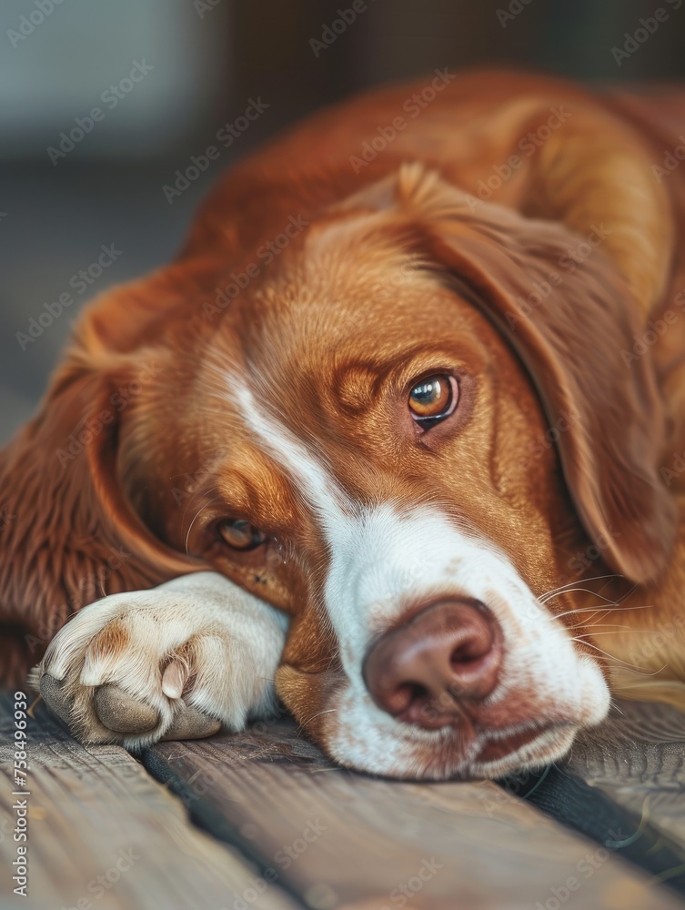 Close-up of a thoughtful brown dog with amber eyes - A contemplative brown dog with soulful amber eyes resting its head, captured in a close-up shot