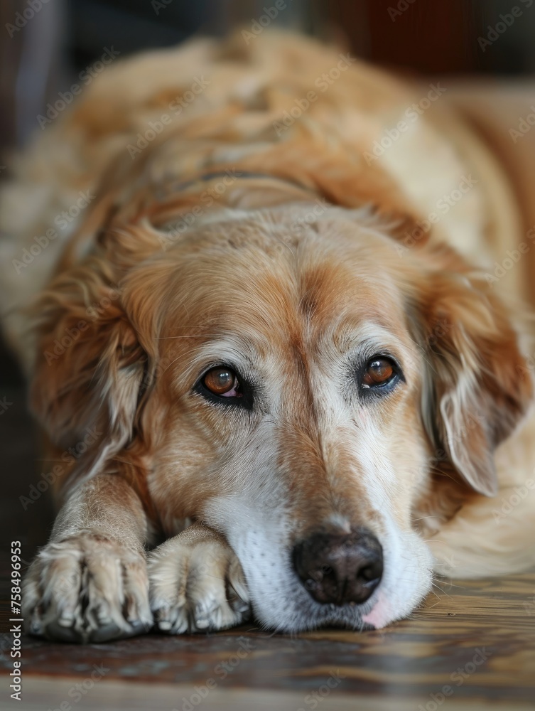 Golden retriever resting with a soulful expression - An older golden retriever lies down with a soulful expression, showcasing its wise and gentle demeanor