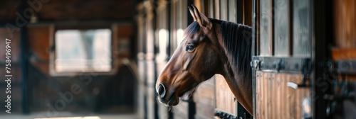 Brown horse peeking out of stable - A majestic brown horse with a shiny coat peeks out from a wooden stable, eyes full of intelligence and curiosity photo