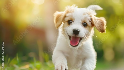 Joyful puppy playing in the sunlight - A happy  fluffy puppy is captured mid-play in a sunlit garden  showcasing its energy and joy