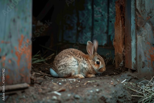 Rabbit hiding in an abandoned area - A solitary rabbit finds shelter among decaying structures, highlighting the contrast between wildlife and forgotten spaces