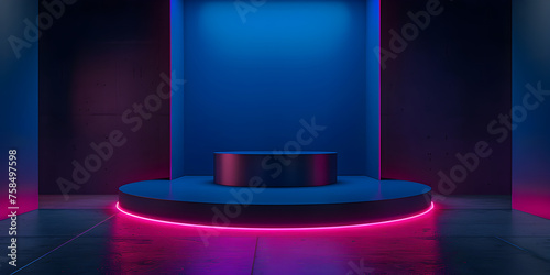   Futuristic pink and blue neon glowing podium for product display Abstract black background Neon lit abstract background with podiums showcasing products A purple stage with a podium dark background  photo