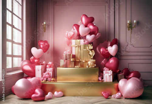  Valentine's Day interior with gold platform, hearts, balloons. Stand, podium, pedestal