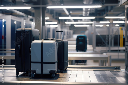Airport baggage check-in X-ray machine with suitcase luggage on conveyor belt AI Generative photo