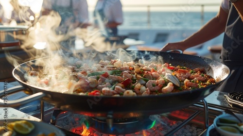 A closeup of a seafood paella being cooked in a large traditional pan by a team of chefs on the lower deck of the yacht the tantalizing aroma of es filling the air. © Justlight