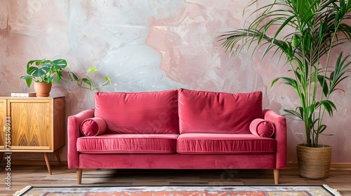 Pink velvet loveseat sofa, wooden cabinet and potted houseplant against venetian stucco wall. Scandinavian home interior design of modern living room.Pink velvet loveseat sofa, wooden cabinet and pott photo